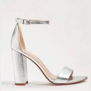NIB Sam Edelman Yaro Silver Metallic Leather Ankle Strap Block Heel Sandals